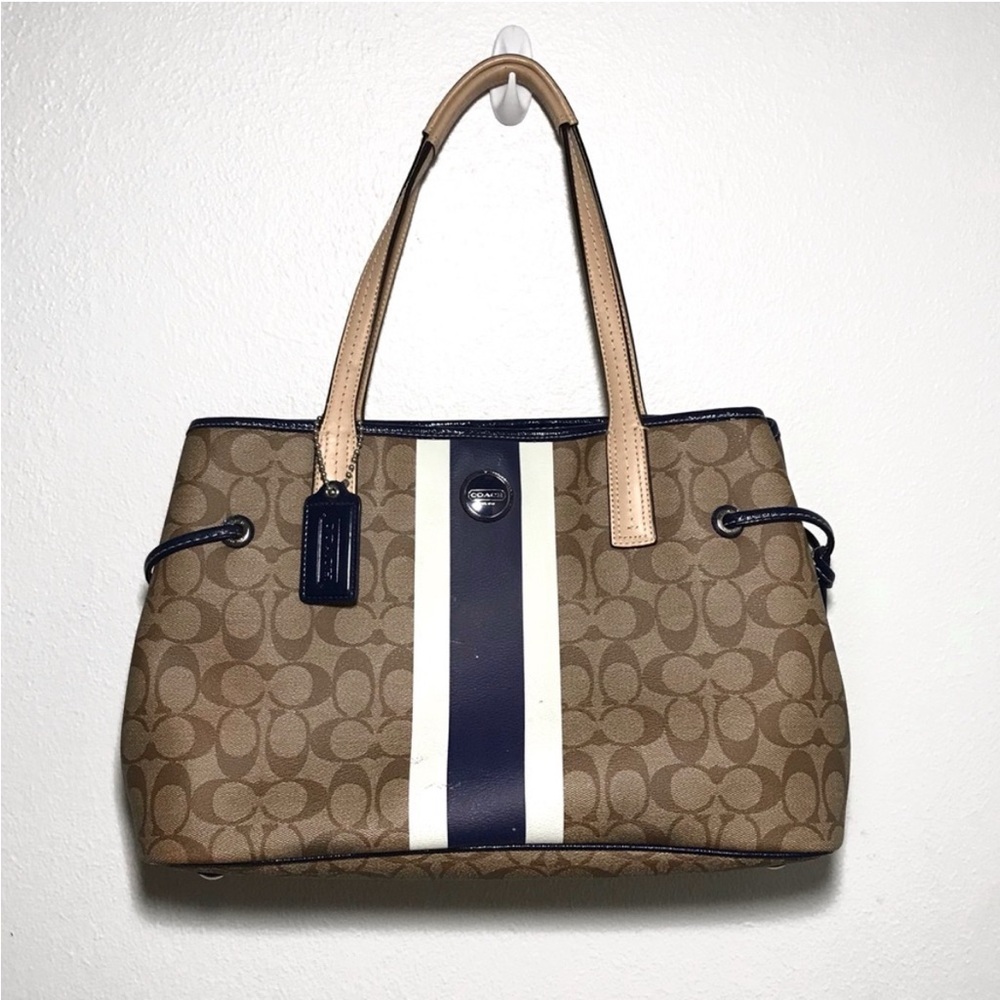 Coach pattern and striped shoulder bag